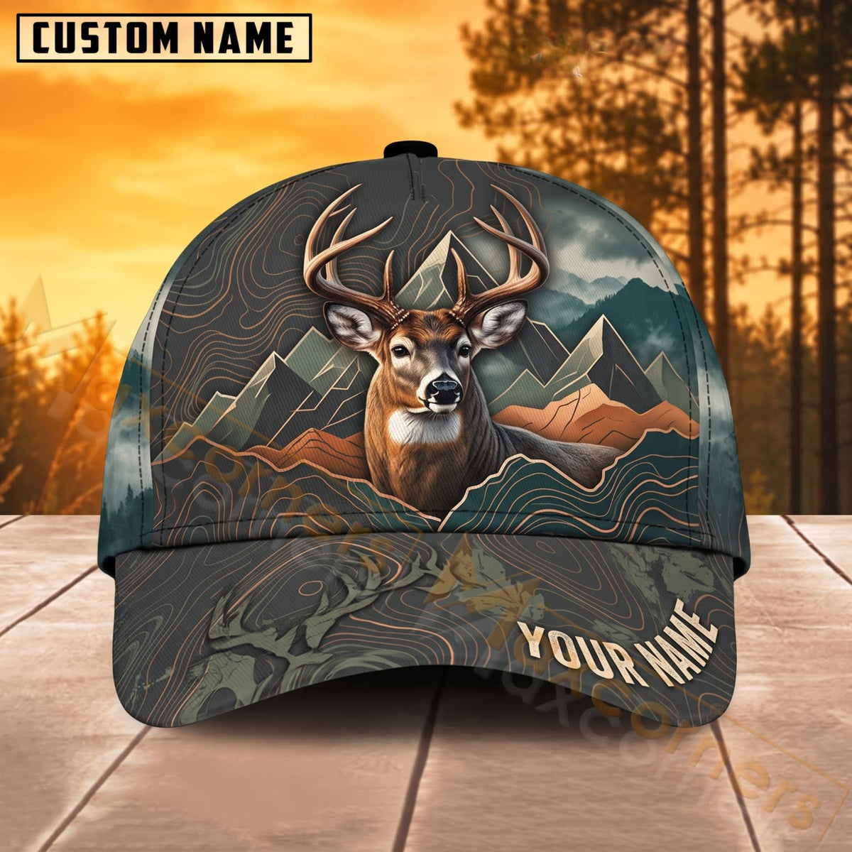 Maxcorners Deer Hunting Layered Mountain Buck Landscape Personalized Name 3D Cap