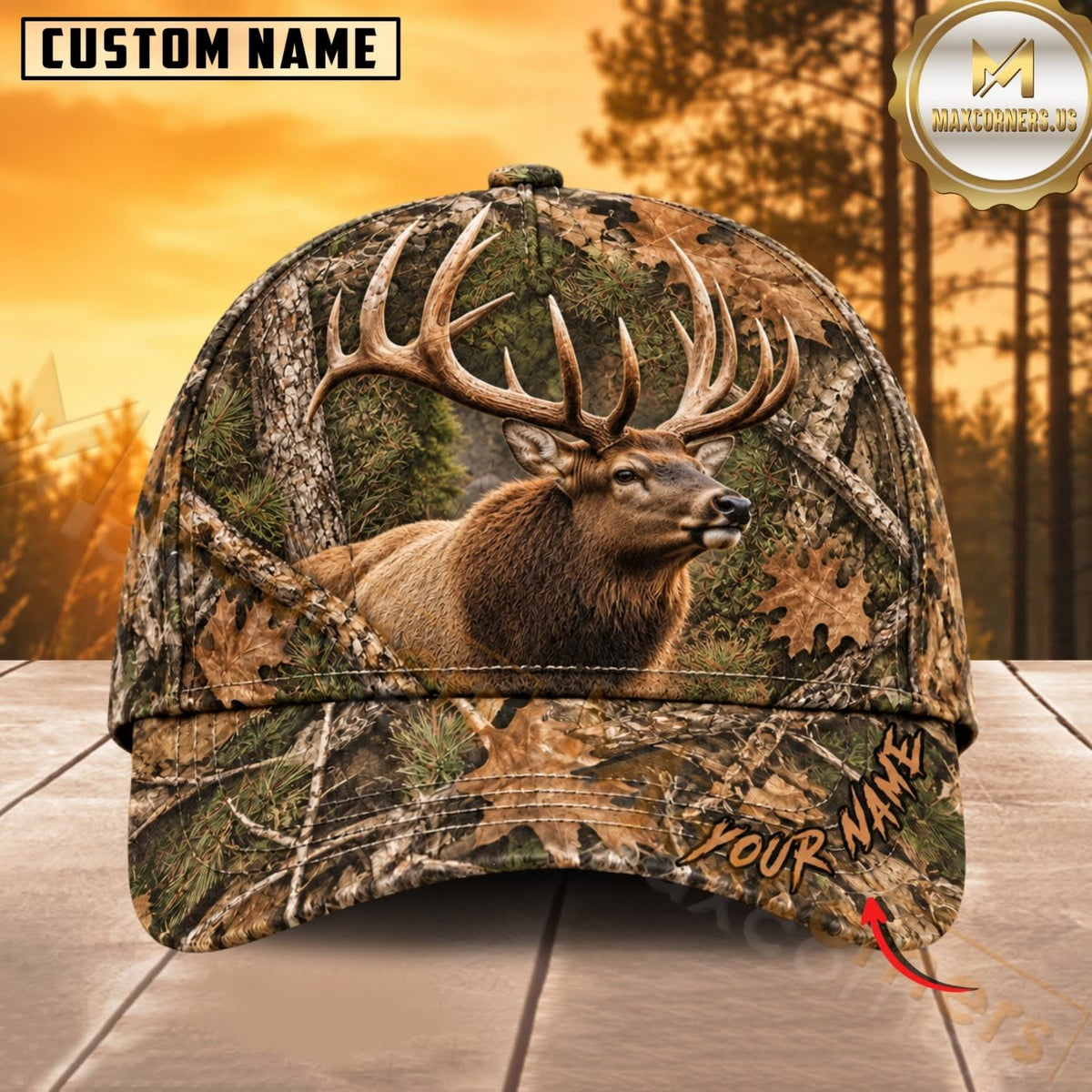 Maxcorners Hunting Wildlife Realistic Autumn Woodland Camo Personalized Name 3D Cap