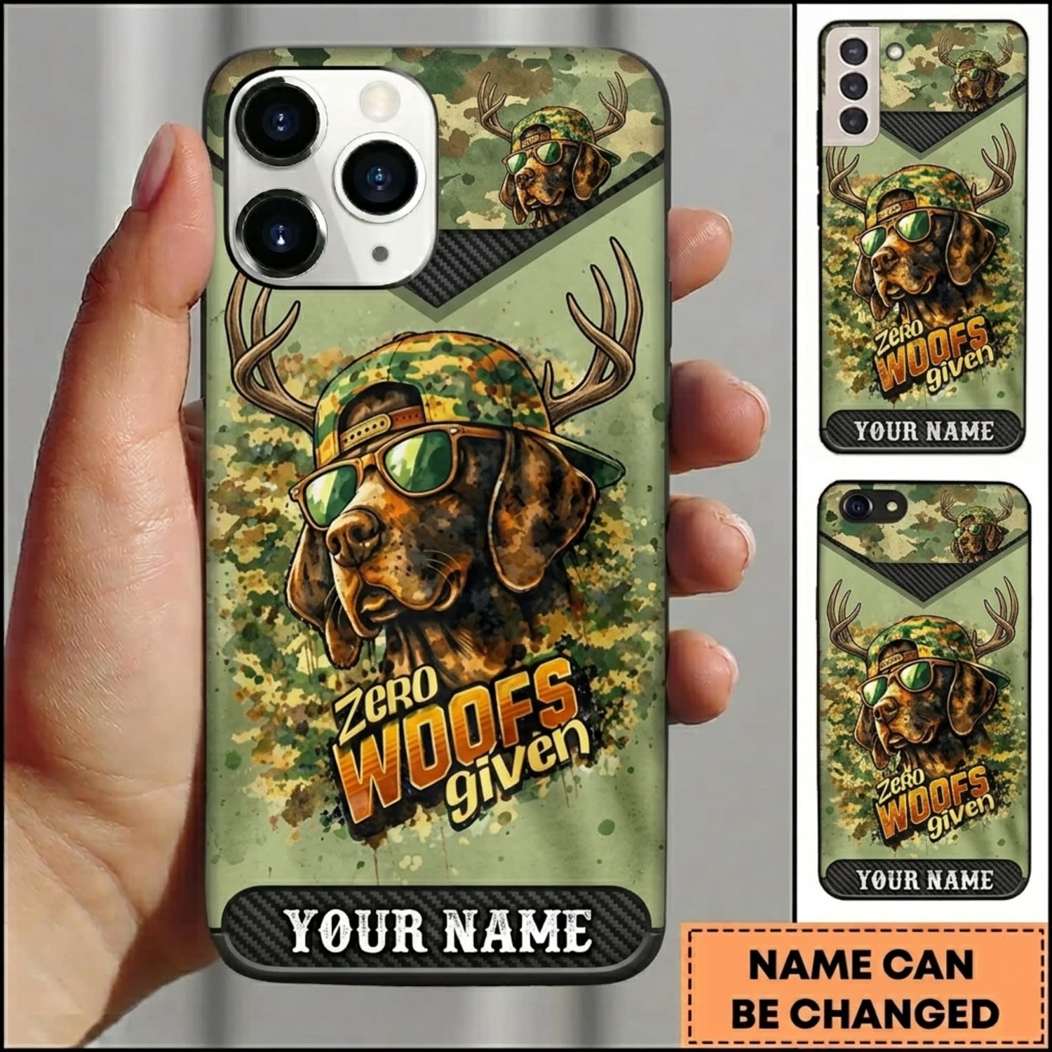 Maxcorners Hunting Deer Wolves Forest Green Camo Personalized Name 3D Phone Case