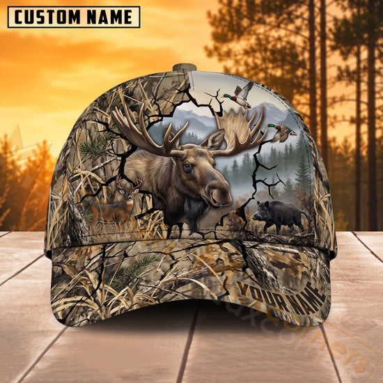 Maxcorners Moose Hunting Cracked Woodland Flying Birds Personalized Name 3D Cap