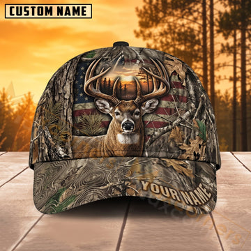 Maxcorners Deer Hunting Rustic American Flag Forest Sunset Personalized Name 3D Cap