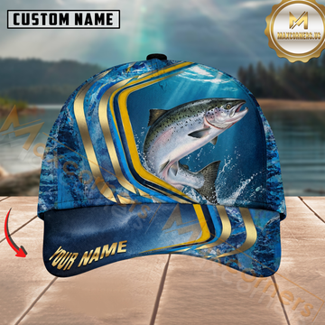 Maxcorners Fishing Blue Gold Wave Design Personalized Name 3D Cap