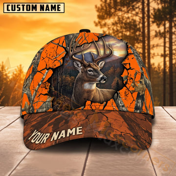 Maxcorners Deer Hunting Blaze Orange Cracked Camo Sunset Personalized Name 3D Cap