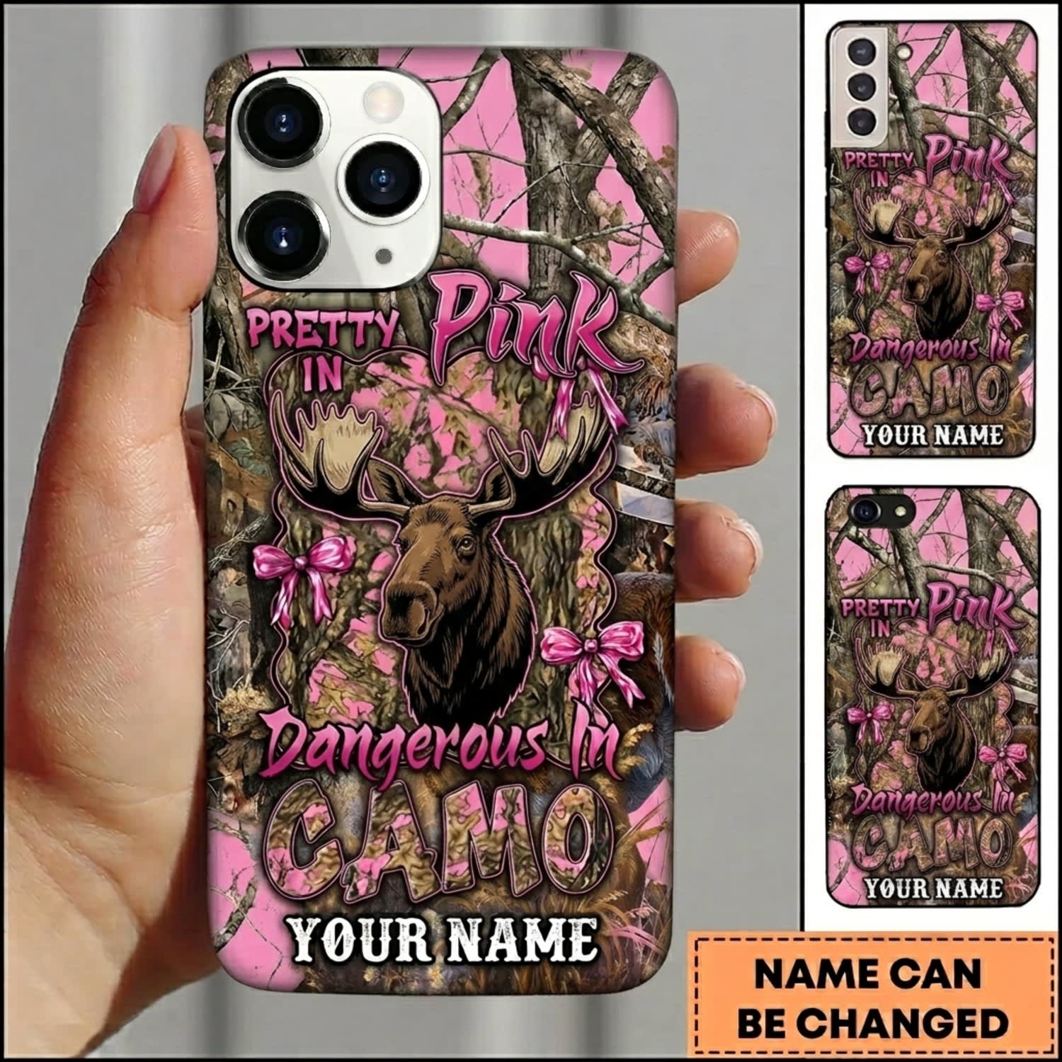 Maxcorners Hunting Pretty Pink Deer Woodland Camo Personalized Name 3D Phone Case