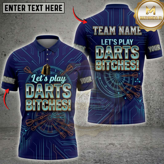 Maxcorners Darts Let's Play Darts Bitches Navy Blue Geometric Pattern Multicolor Customized Name, Team Name 3D Shirts ( 4 Colors )