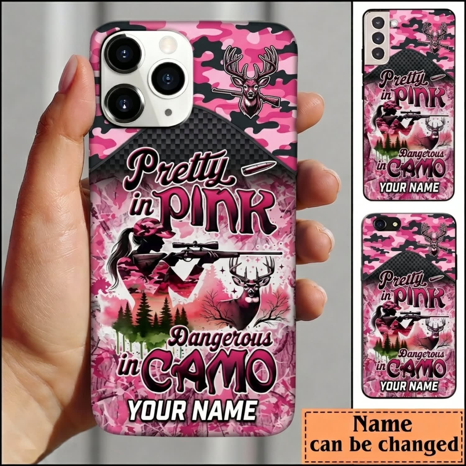 Maxcorners Hunting Pretty In Pink Deer Pink Camo Personalized Name 3D Phone Case