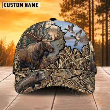 Maxcorners Moose Hunting Wetland Birds Woodland Camo Personalized Name 3D Cap
