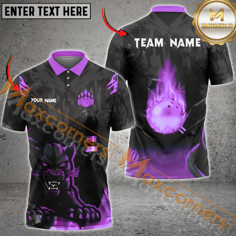 Maxcorners Black Panther Ball Flame Bowling Jersey Multicolor Customized Name, Team Name 3D Polo Shirt