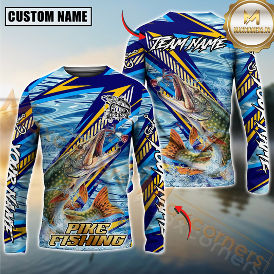 Maxcorners Pike Fishing Yellow Blue Lightning Pattern Design Custom Name & Team Name 3D Shirts