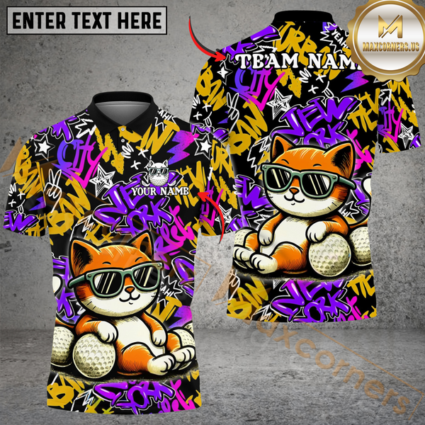 Maxcorners Cool Cat Swing Golf Polo Shirt, Customized Name & Team Name 3D Shirts (4 Colors)