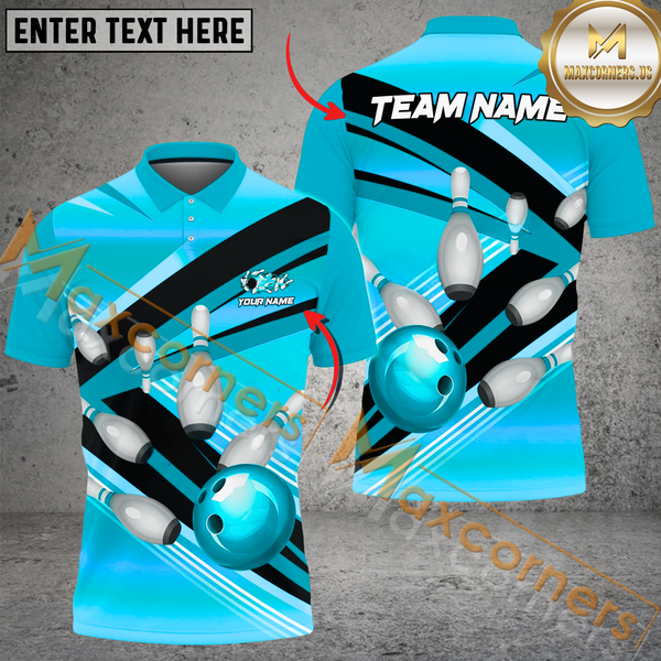 Maxcorners Bowling Ball & Pins Strike Pins Multicolor Option Customized Name, Team Name 3D Polo Shirt