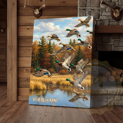 Maxcorners Flying Ducks Autumn Lake Personalized Name Canvas