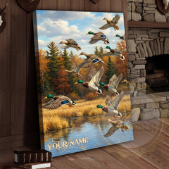 Maxcorners Flying Ducks Autumn Lake Personalized Name Canvas