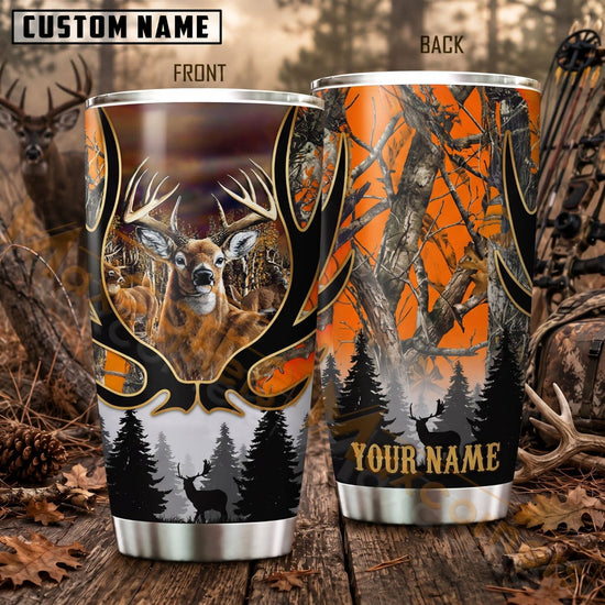 Maxcorners Hunting Deer Skull Orange Camo Pine Forest Personalized Name 3D Tumbler