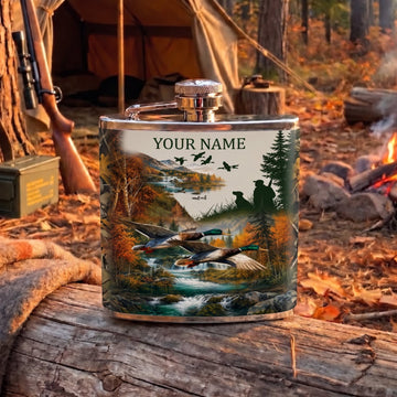 Maxcorners Hunting Deer River Mountain Wilderness Scene Personalized Name 3D Hip Flask