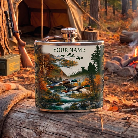 Maxcorners Hunting Deer River Mountain Wilderness Scene Personalized Name 3D Hip Flask