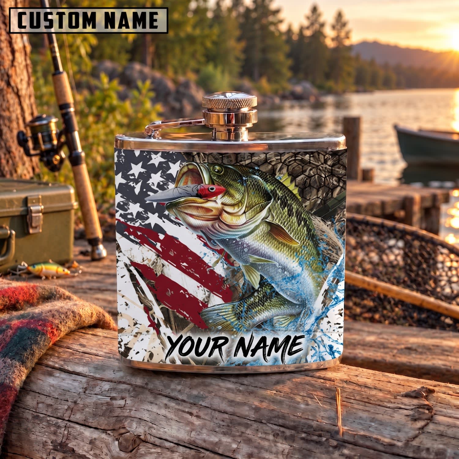 Maxcorners Fishing American Flag Largemouth Bass Splash Personalized Name 3D Hip Flask