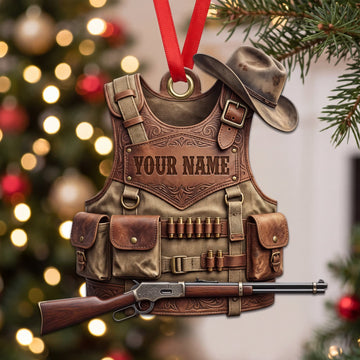 Maxcorners Hunting Brown Field Vest Cowboy Hat And Rifle Personalized Name 3D Keychain And Ornament