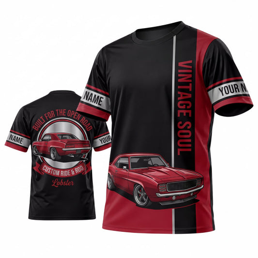 Maxcorners Personalized Car Classic Muscle Car 3D T-Shirt – Black Red Vintage Soul and Red Classic Car