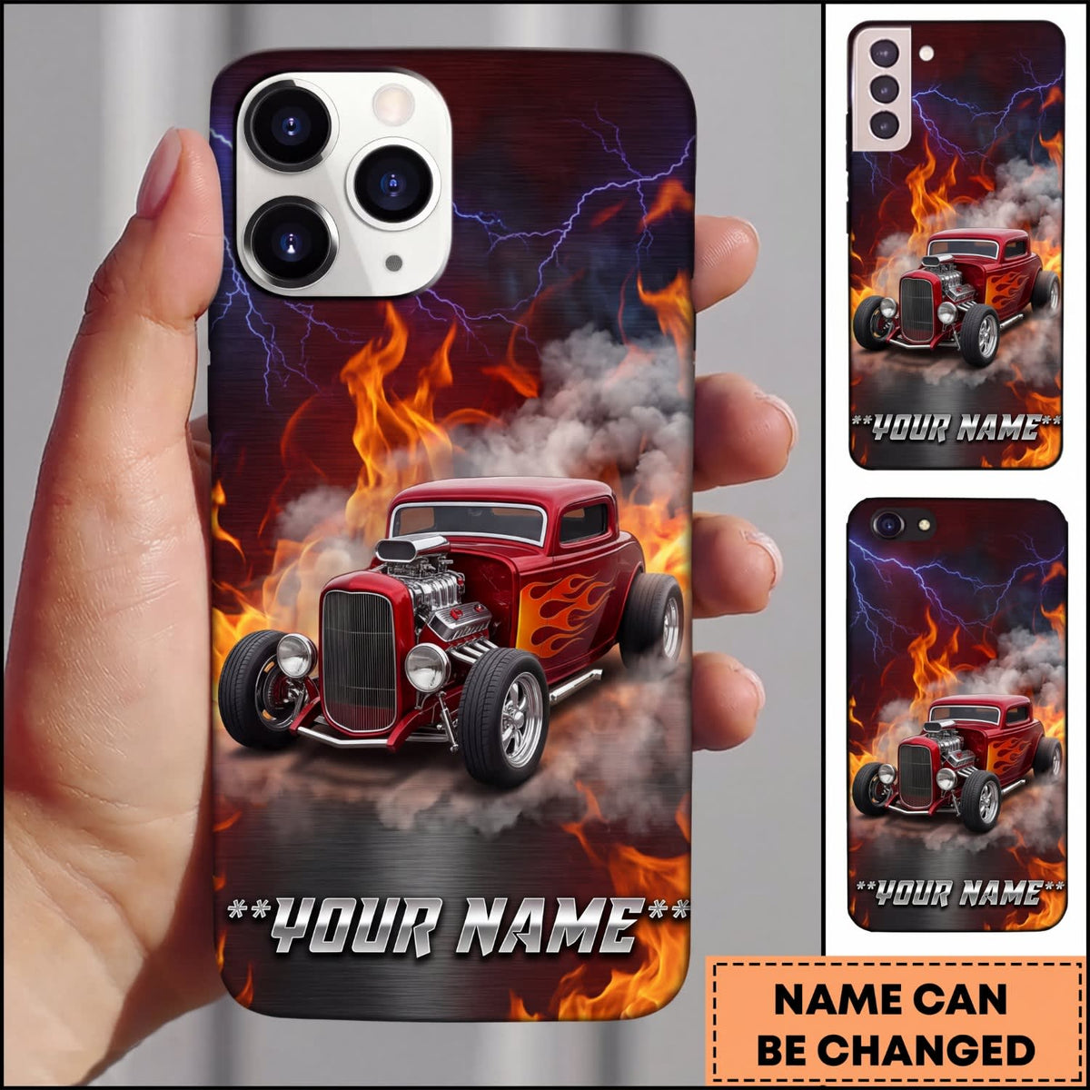 Maxcorners Hot Rod Red Classic Car with Orange Fire and Smoke Personalized Name 3D Phone Case