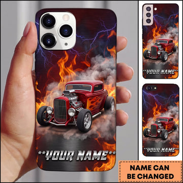 Maxcorners Hot Rod Red Classic Car with Orange Fire and Smoke Personalized Name 3D Phone Case