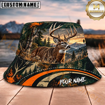Maxcorners Deer Hunting Orange Mountain Sunset Personalized Name 3D Bucket Hat