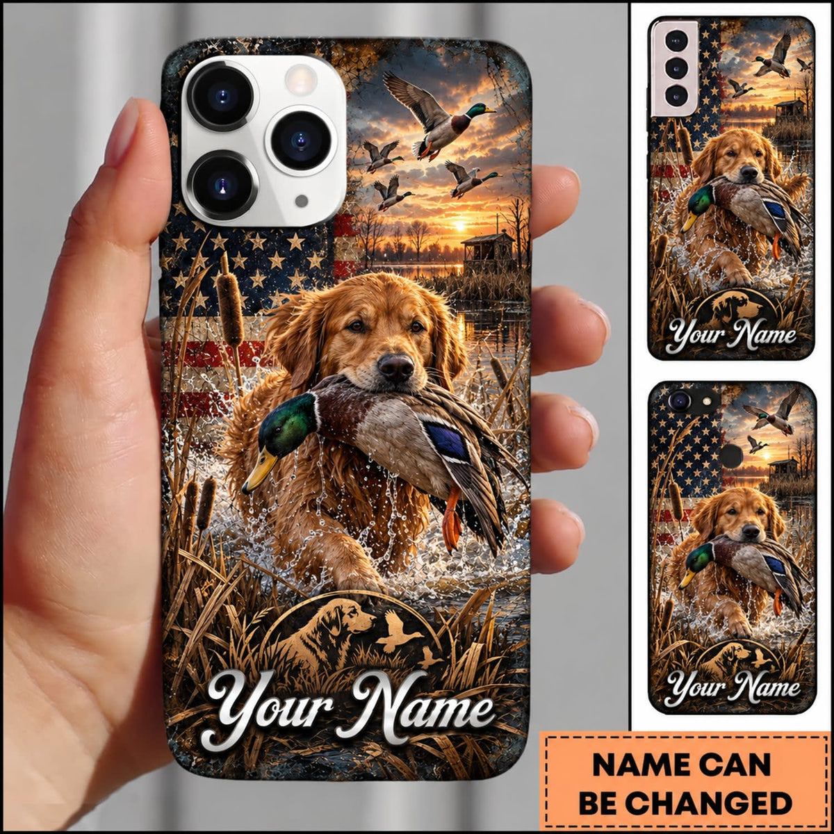 Maxcorners Duck Hunting German Wirehaired Pointer American Flag Sunset Marsh Personalized Name 3D Phone Case - Golden Retriever