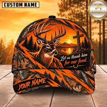 Maxcorners Deer Hunting Whitetail Buck Let Us Thank Him for Our Food Orange Cross Sunset Customized Name 3D Cap