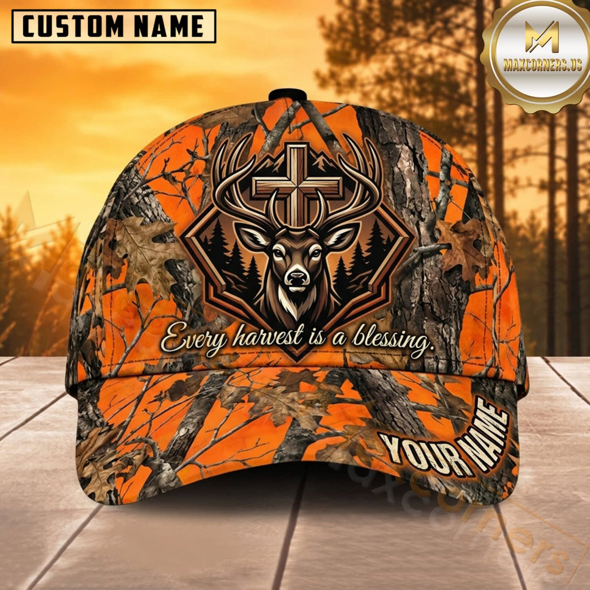 Maxcorners Deer Hunting Whitetail Deer Skull Orange Tribal Shield Forest Camo Customized Name 3D Cap