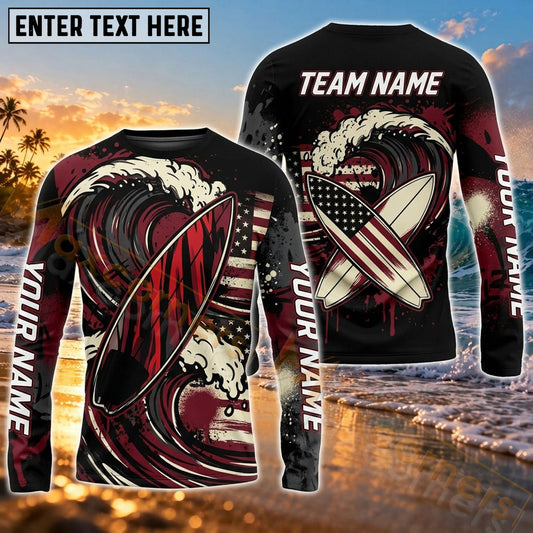 Maxcorners Surf Vintage Nautical Ocean Art Customized Name, Team Name 3D Long Sleeve Shirt