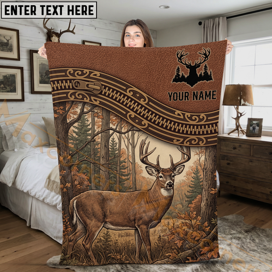 Maxcorners Rustic Leather Zipper Whitetail Deer Forest Scene Personalized 3D Blanket