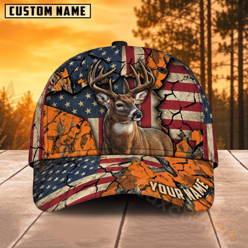 Maxcorners Deer Hunting American Flag Blaze Orange Crack Camo Personalized Name 3D Cap