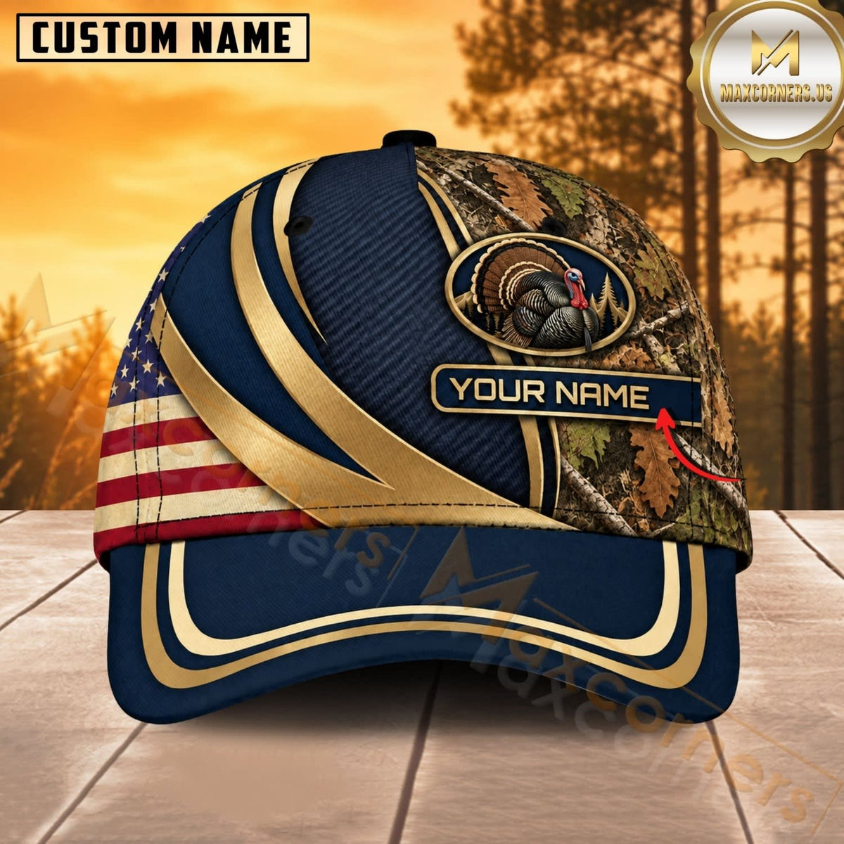 Maxcorners Hunting Wildlife Navy Blue Gold Ribbon American Flag Personalized Name 3D Cap
