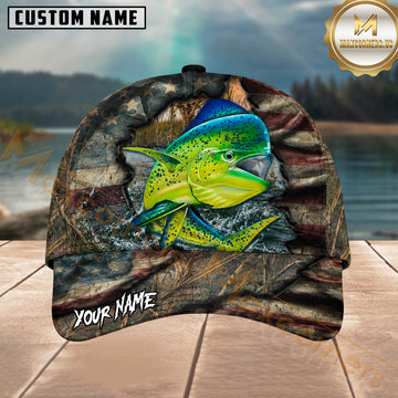 Maxcorners Fishing Mahi Mahi Torn American Flag Camo Personalized 3D Cap