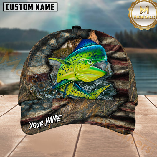 Maxcorners Fishing Mahi Mahi Torn American Flag Camo Personalized 3D Cap
