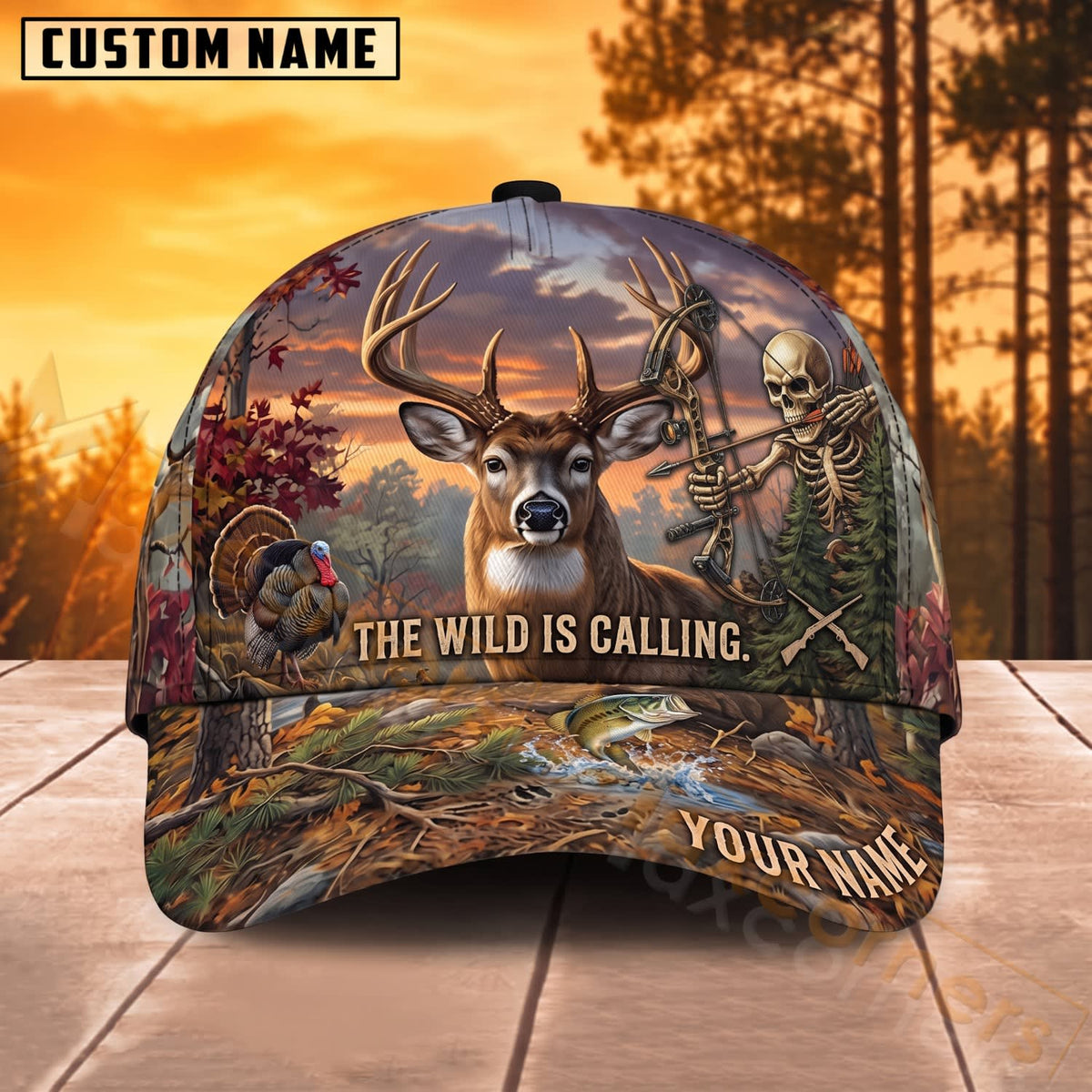 Maxcorners Deer Hunting The Wild Is Calling Autumn Wilderness Personalized Name 3D Cap