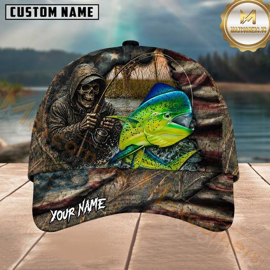 Maxcorners Fishing Skull Angler Torn Flag Mahi Mahi Personalized 3D Cap
