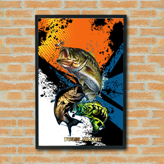 Maxcorners Largemouth Bass Fishing Pop Art Grunge Splash Design Personalized Name 3D Poster