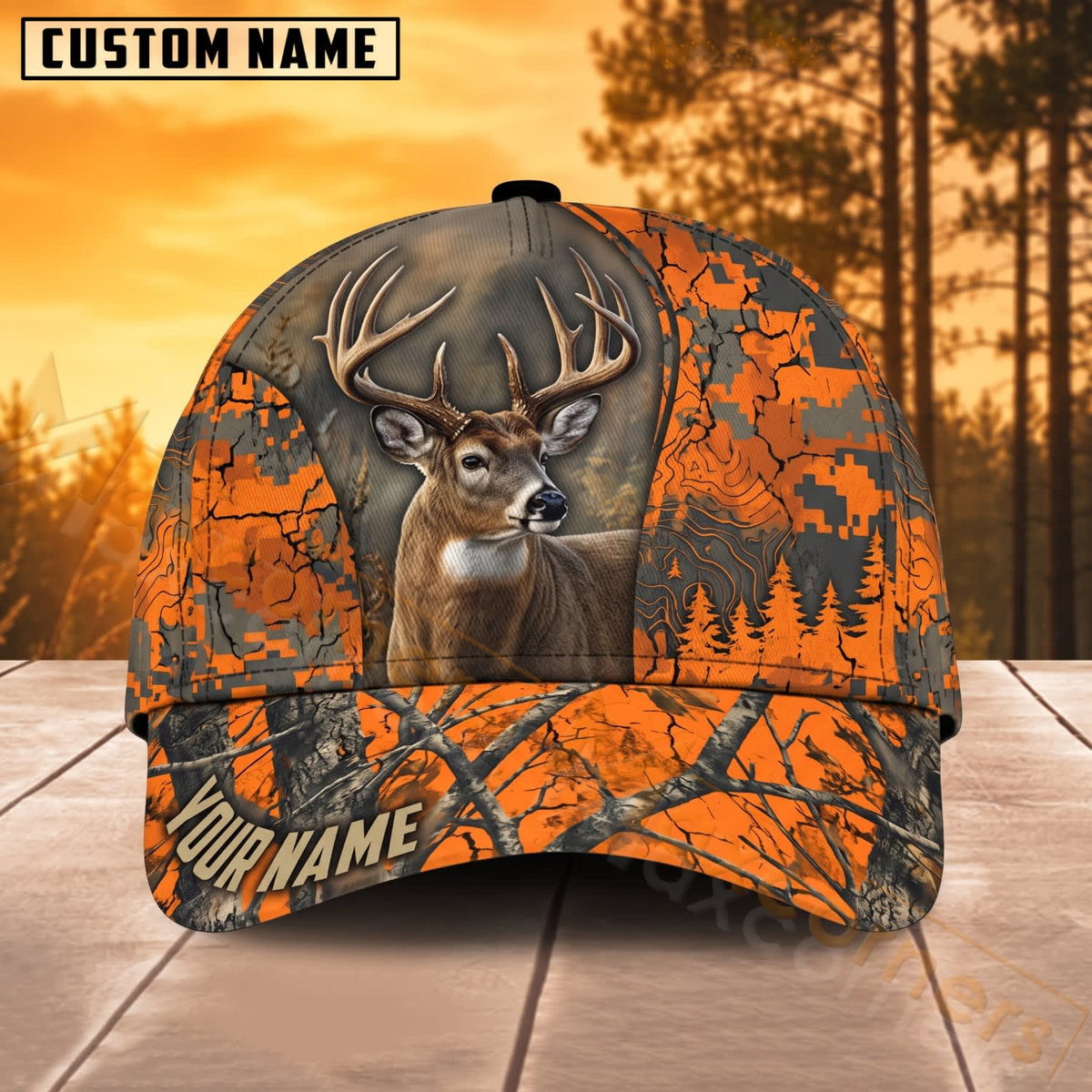 Maxcorners Deer Hunting Orange Woodland Camo Buck Personalized Name 3D Cap