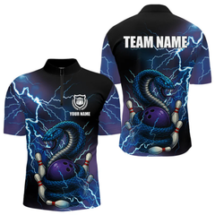 Maxcorners Blue Lightning Thunder Cobra Snake Bowling Polo, 1/4 Zip Shirts For Men Custom Bowling Team Uniform LM154