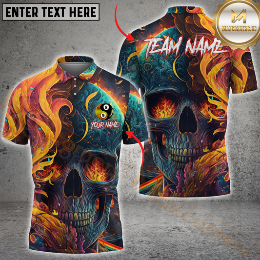 Maxcorners Billiard Yin And Yang Ball 89 Flaming Skull Abstract Customized Name, Team Name 3D Polo Shirt