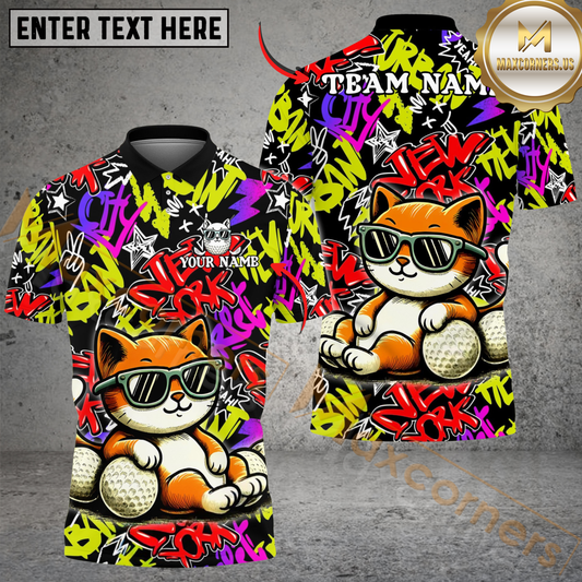 Maxcorners Cool Cat Swing Golf Polo Shirt, Customized Name & Team Name 3D Shirts (4 Colors)