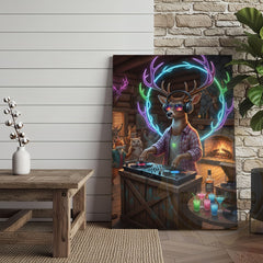 Maxcorners Deer DJ Party in Cabin Bar with Neon Antlers and Colorful Lights Wrapped Canvas Wall Art