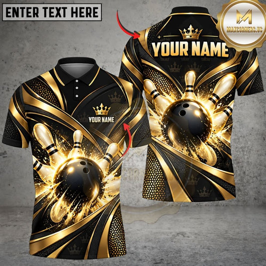 Maxcorners Bowling Royal Crown Luxury Flowing Waves Pins Strike Artwork Multicolor Customized Name, Team Name 3D Shirts