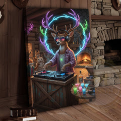 Maxcorners Deer DJ Party in Cabin Bar with Neon Antlers and Colorful Lights Wrapped Canvas Wall Art