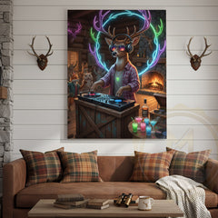 Maxcorners Deer DJ Party in Cabin Bar with Neon Antlers and Colorful Lights Wrapped Canvas Wall Art