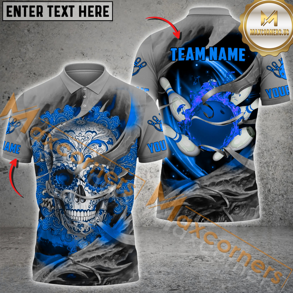 Maxcorners Ball And Pins Flame Sugar Skull Art Bowling Jersey Multicolor Options Personalized Name, Team Name 3D Shirt