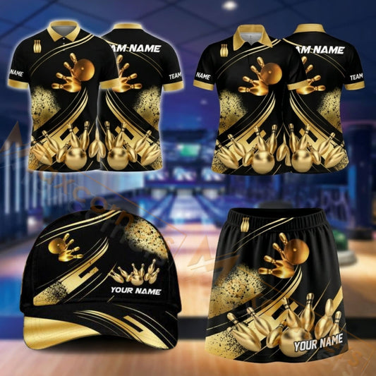 Maxcorners Bowling Golden Bowling Ball And Pins Design Personalized Team Sportswear Set - Polo Shirt, Cap & Skorts
