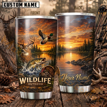 Maxcorners Hunting Wildlife Deer Sunset Forest Personalized Name 3D Tumbler
