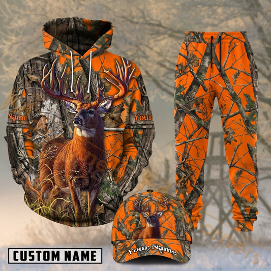 Maxcorners Hunting Elk Blaze Orange Woodland Camo Personalized 3D Combo Hoodie, Sweatpants Set & Cap